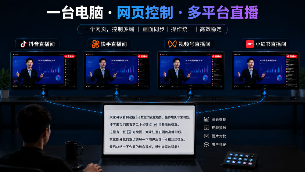 一台电脑·网页控制·多平台直播：一个网页控制多端，画面同步、操作统一、高效稳定。抖音 / 快手 / 视频号 / 小红书 多平台直播间同步